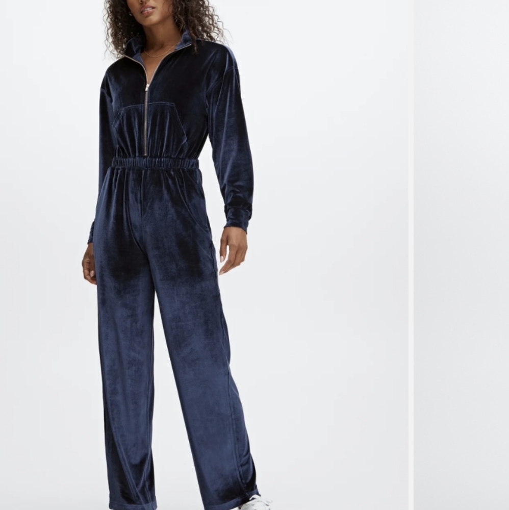 Velour zip-up wide leg jumpsuit